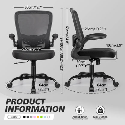 Ergonomic Office Chair, Home Office Desk Chair, Comfort Mesh Task Chair with Adjustable Lumbar Support and Flip up Arms, Black