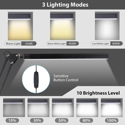 LED Desk Lamp with Clamp, Swing Arm Desk Lamp, Adjustable Desk Light Eye-Care Table Light(3 Color Modes, 10-Level Dimmer, Eye Care)