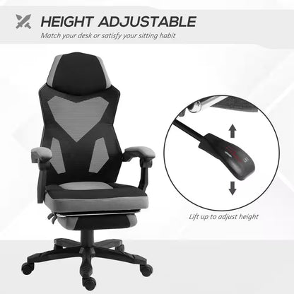 Grey, Ergonomic Home Office Chair High Back Armchair Computer Desk Recliner with Footrest, Mesh Back, Lumbar Support