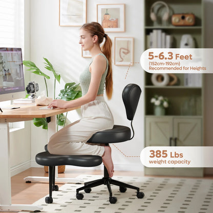 Cross Legged Office Chair, Black PU Leather Ergonomic Criss Cross Swivel Desk Chair, Comfy Task Chair for Home Office, Gaming& Meditation, Armless