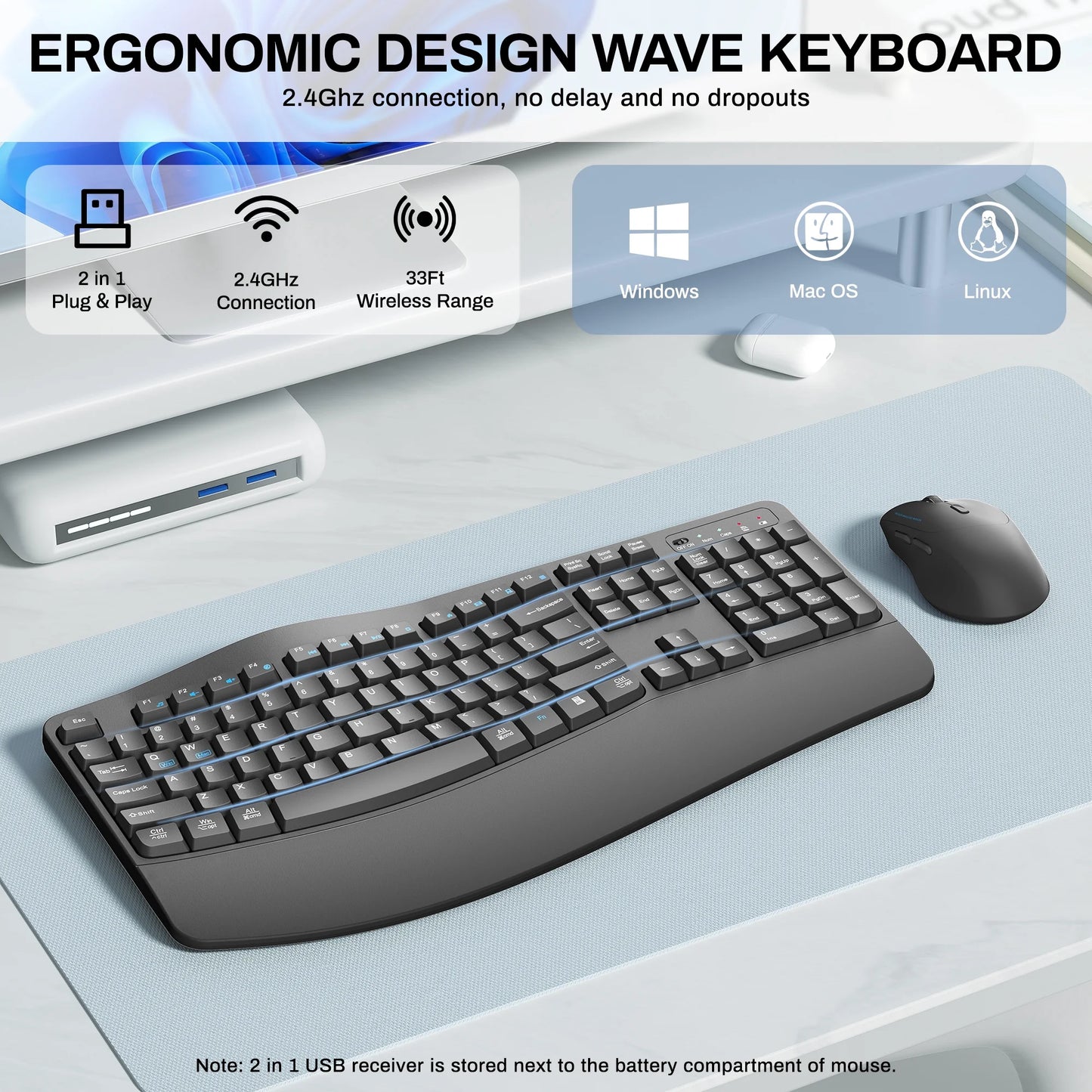Wireless Wave Keys Combo, Ergonomic Keyboard and Mouse, 2.4Ghz, Full Size, Comfortable Natural Typing, for Laptop, Mac, Windows (Grey)