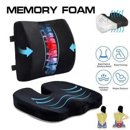 Seat Cushion and Lumbar Support Pillow for Office Chair, Memory Foam Car Seat Cushions Back Support Pillows, Help Relieve Pain of Back, Lumbar, Tailbone and Sciatic Nerve (Black)