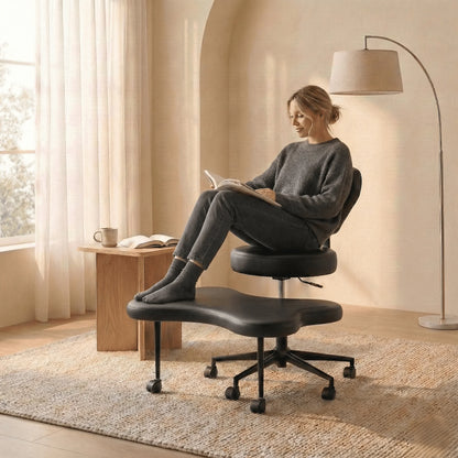 Cross Legged Office Chair, Black PU Leather Ergonomic Criss Cross Swivel Desk Chair, Comfy Task Chair for Home Office, Gaming& Meditation, Armless