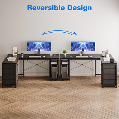 Reversible L Shaped Corner Desk with Charging Station and Drawers, Modern Office & Gaming Desk, Pure Black