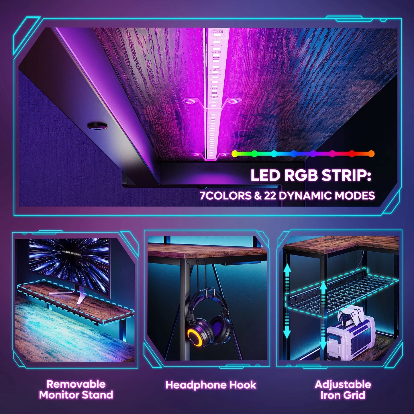 58" Computer Desk with LED Lights L Shaped Corner Desk with Power Outlet & Monitor Stand Home Office Desk, Rustic