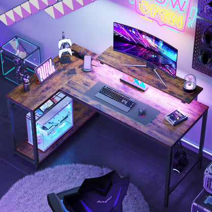 52" Computer Desk with LED Lights L Corner Shaped Desk with Power Outlet & Monitor Stand Home Office Desk in Rustic