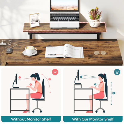 52" Computer Desk with LED Lights L Corner Shaped Desk with Power Outlet & Monitor Stand Home Office Desk in Rustic