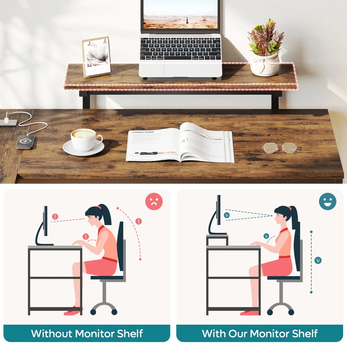58" Computer Desk with LED Lights L Shaped Corner Desk with Power Outlet & Monitor Stand Home Office Desk, Rustic
