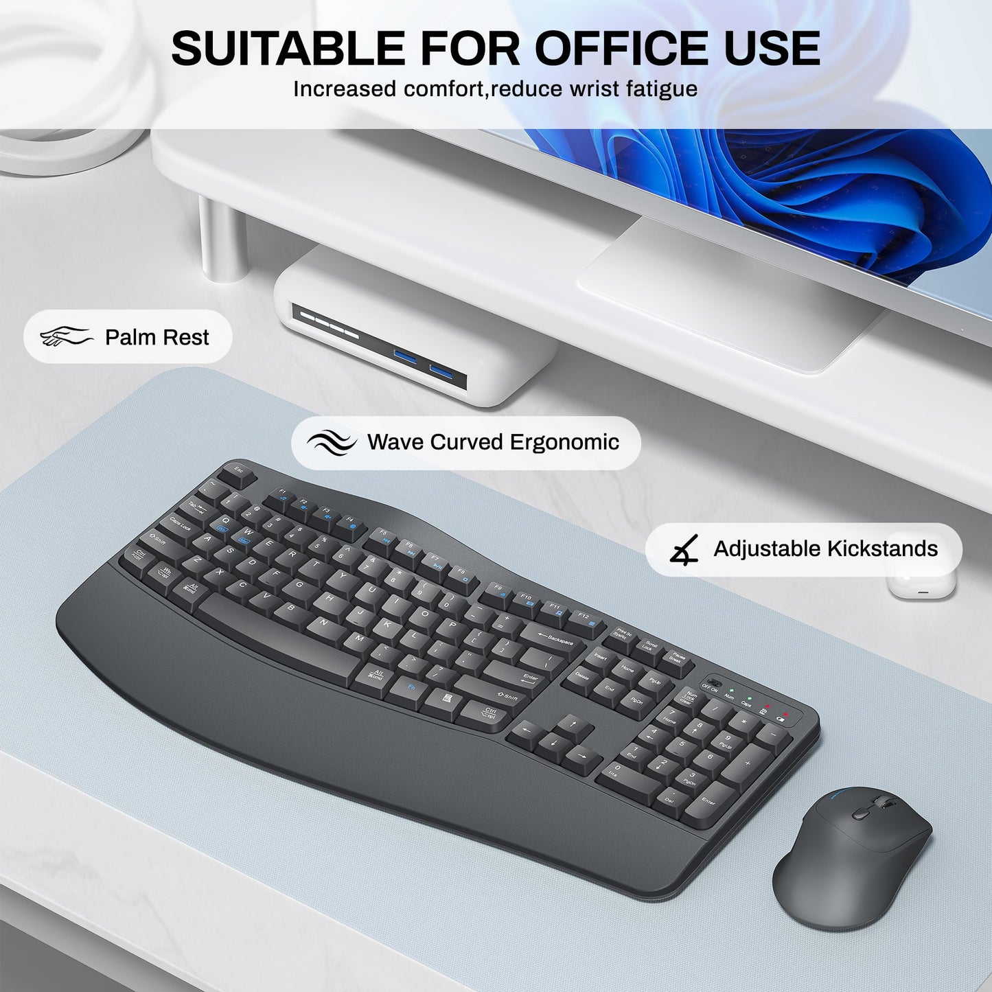Wireless Wave Keys Combo, Ergonomic Keyboard and Mouse, 2.4Ghz, Full Size, Comfortable Natural Typing, for Laptop, Mac, Windows (Grey)