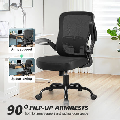 Ergonomic Office Chair, Home Office Desk Chair, Comfort Mesh Task Chair with Adjustable Lumbar Support and Flip up Arms, Black