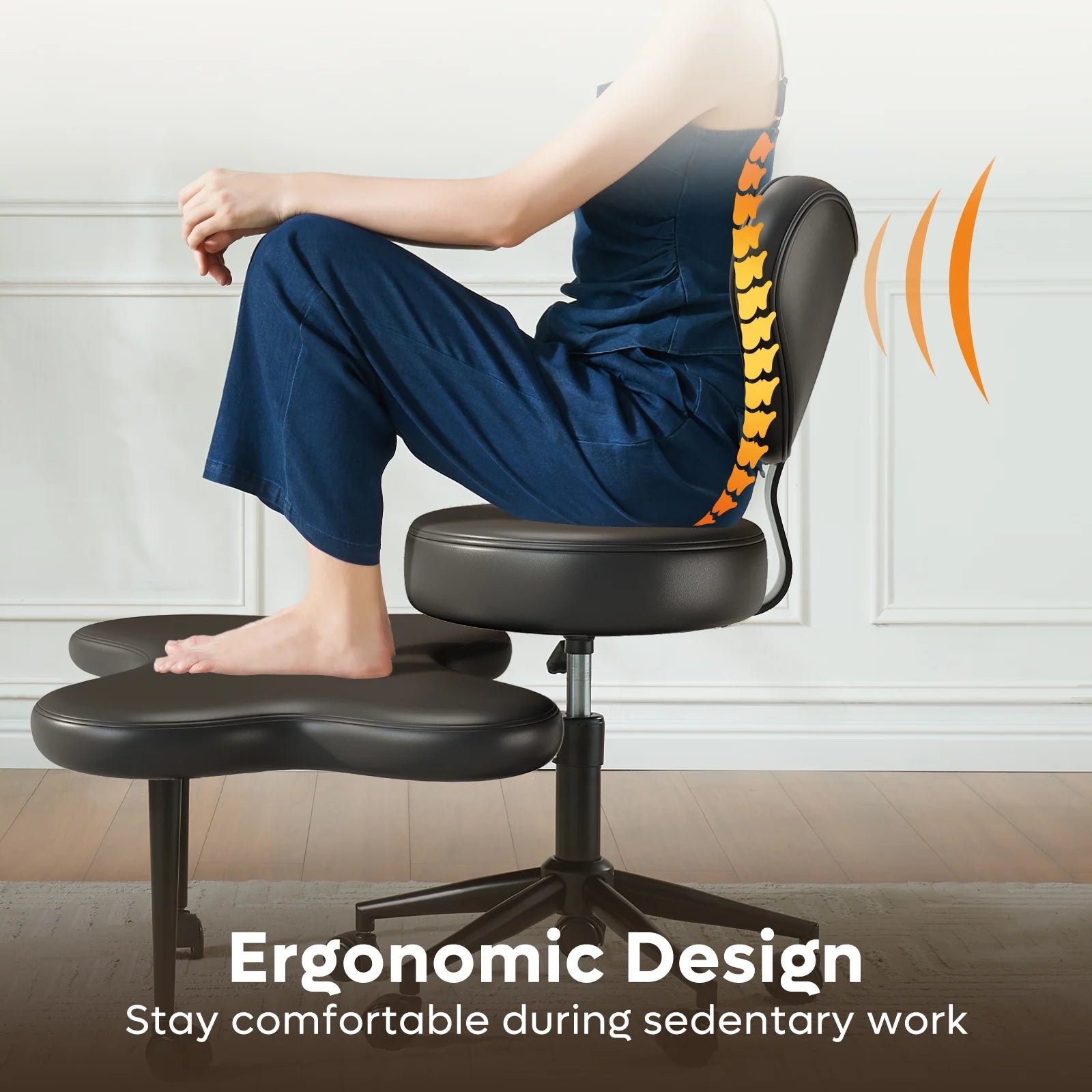 Cross Legged Office Chair, Black PU Leather Ergonomic Criss Cross Swivel Desk Chair, Comfy Task Chair for Home Office, Gaming& Meditation, Armless