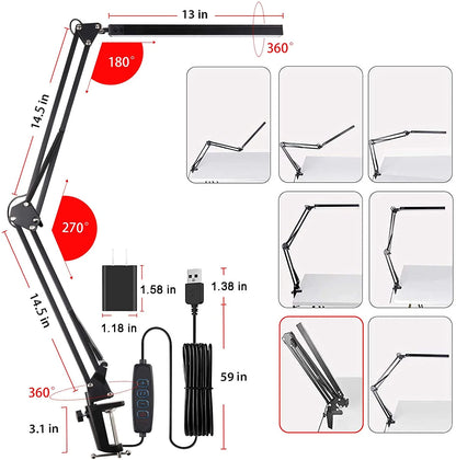 LED Desk Lamp with Clamp, Swing Arm Desk Lamp, Adjustable Desk Light Eye-Care Table Light(3 Color Modes, 10-Level Dimmer, Eye Care)