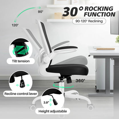 Ergonomic Office Chair, Home Office Desk Chair, Comfort Mesh Task Chair with Adjustable Lumbar Support and Flip up Arms, White