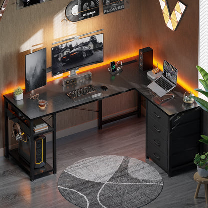 Reversible L Shaped Corner Desk with Charging Station and Drawers, Modern Office & Gaming Desk, Pure Black