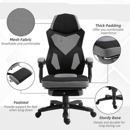 Grey, Ergonomic Home Office Chair High Back Armchair Computer Desk Recliner with Footrest, Mesh Back, Lumbar Support