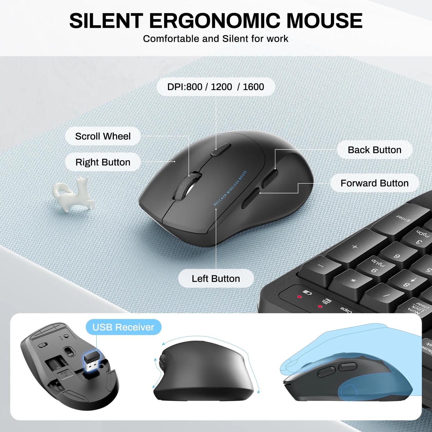 Wireless Wave Keys Combo, Ergonomic Keyboard and Mouse, 2.4Ghz, Full Size, Comfortable Natural Typing, for Laptop, Mac, Windows (Grey)