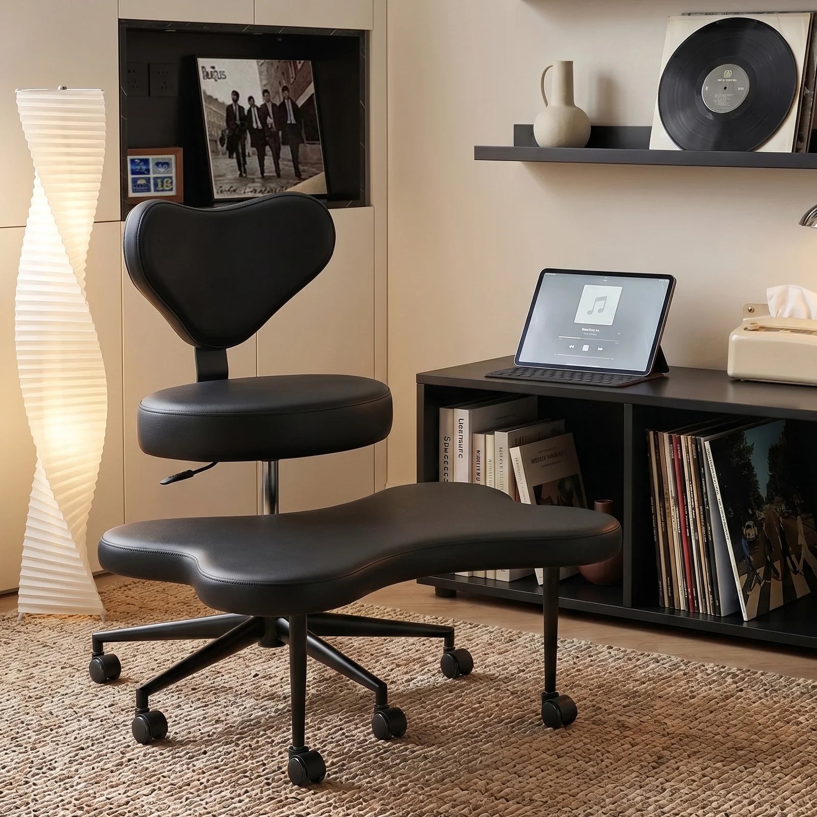 Cross Legged Office Chair, Black PU Leather Ergonomic Criss Cross Swivel Desk Chair, Comfy Task Chair for Home Office, Gaming& Meditation, Armless
