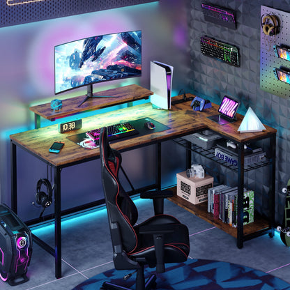 52" Computer Desk with LED Lights L Corner Shaped Desk with Power Outlet & Monitor Stand Home Office Desk in Rustic