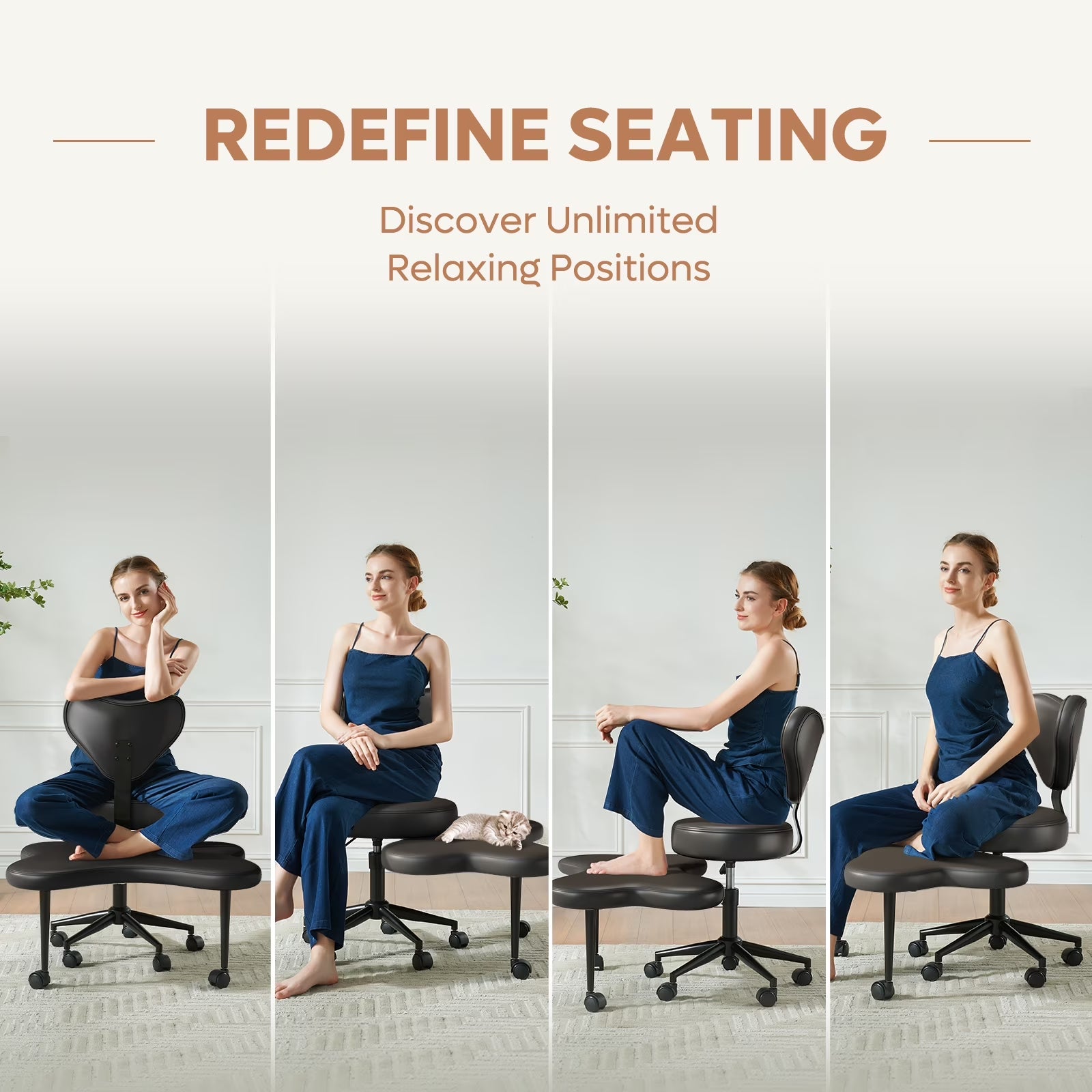 Cross Legged Office Chair, Black PU Leather Ergonomic Criss Cross Swivel Desk Chair, Comfy Task Chair for Home Office, Gaming& Meditation, Armless