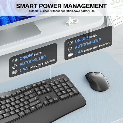 Wireless Wave Keys Combo, Ergonomic Keyboard and Mouse, 2.4Ghz, Full Size, Comfortable Natural Typing, for Laptop, Mac, Windows (Grey)