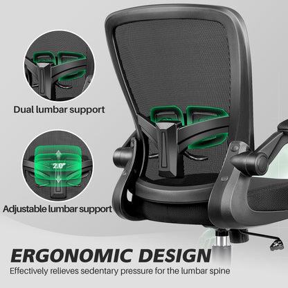 Ergonomic Office Chair, Home Office Desk Chair, Comfort Mesh Task Chair with Adjustable Lumbar Support and Flip up Arms, Black
